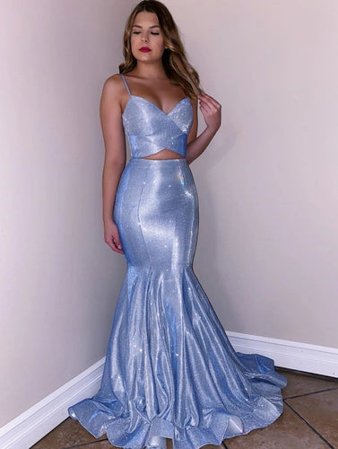 Spaghetti Straps V-Neck Blue Two Piece Prom Dress Glitter,JKZ7111|Annapromdress