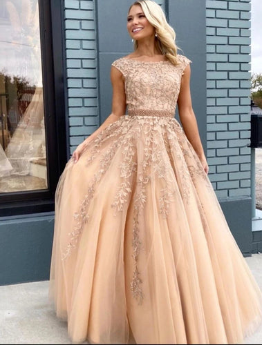 Cap Sleeve Champagne Tulle Appliques A-Line Long Prom Dress JKB038