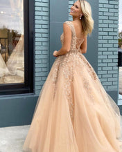 Cap Sleeve Champagne Tulle Appliques A-Line Long Prom Dress JKB038