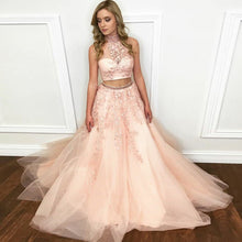 High Neck Lace Appliques Modest Tulle Two Piece Prom Dress,JKZ7114|Annapromdress