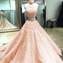 High Neck Lace Appliques Modest Tulle Two Piece Prom Dress,JKZ7114|Annapromdress