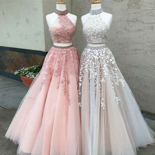 High Neck Lace Appliques Modest Tulle Two Piece Prom Dress,JKZ7114|Annapromdress