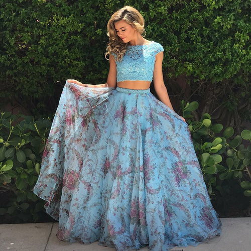 Cap Sleeves Blue Floral Lace Top Two Piece Prom Dress,JKZ7116