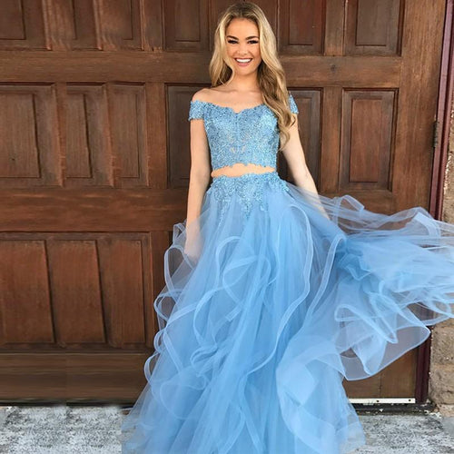 Off-the-Shoulder Blue Lace Top Two Piece Prom Dress,JKZ7118|Annapromdress