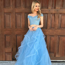Off-the-Shoulder Blue Lace Top Two Piece Prom Dress,JKZ7118|Annapromdress