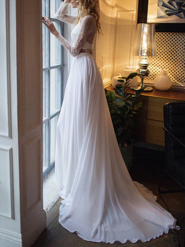 Chic Two Piece Boho Wedding Dress with Sleeves A Line Chiffon Skirt Beach Wedding Dresses JPE4835