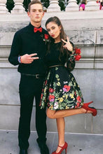 2 Pieces Lace Black Printed Satin Long Sleeves Homecoming Dresses Prom Dress With Pocket AN1303