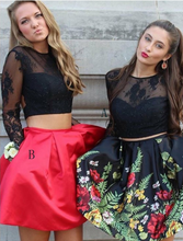 2 Pieces Lace Black Printed Satin Long Sleeves Homecoming Dresses Prom Dress With Pocket AN1303