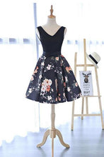 Chic A Line Black Printed V Neck Mini Length Prom Dress Homecoming Dresses For Party AN1374