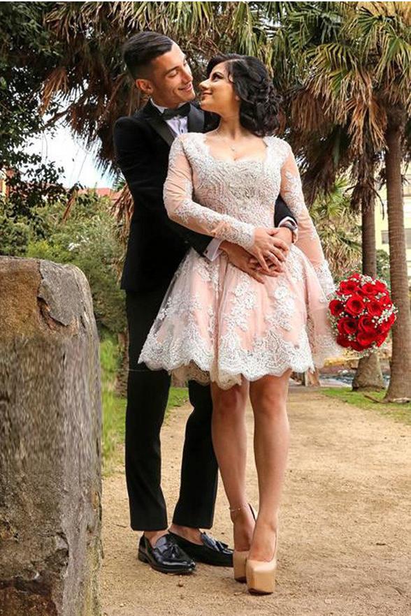 Ivory Lace Pink Long Sleeves Cute Homecoming Dresses Short Prom Hoco G Anna PromDress Ivory Lace Pink Long Sleeves Cute Homecoming Dresses Short Prom Hoco G Anna PromDress