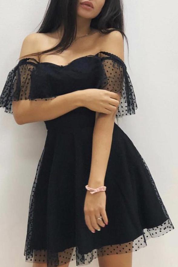 Sexy Off the Shoulder Black Lace Homecoming Dresses Mini Length Prom Graduation Dress NA1475