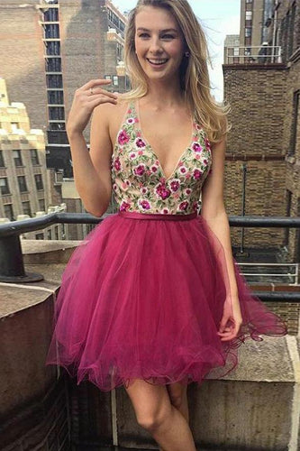 Hot Pink V Neck Embroidery Backless Homecoming Dresses Short Prom Graduation Dress AN1485