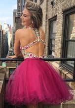 Hot Pink V Neck Embroidery Backless Homecoming Dresses Short Prom Graduation Dress AN1485