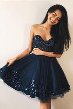 Navy Blue Sweetheart Hand Flowers Beaded Short Prom Dress Homecoming Dresses Hoco Gowns NA3014