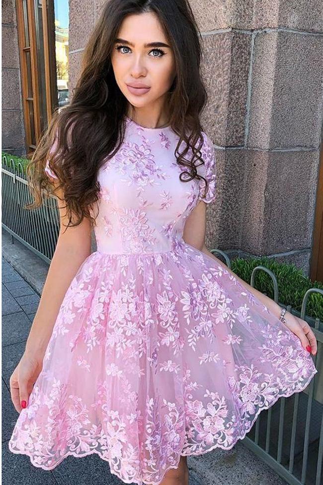 High Neck Short Sleeves Pink Lace Mini Prom 16 Sweet Dress Homecoming Dresses Hoco Gowns LD3058