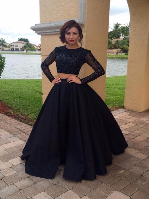Long Sleeves Black Sequin 2 Pieces Prom Gowns Quinceanera Dress 