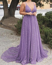 A line Long Sequins Evening Dresses Plunge V-neck Prom Gowns GJS346