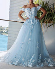 Tulle Ball Gown Dresses Off the Shoulder Lace Embroidery Long Prom Dress GJS350