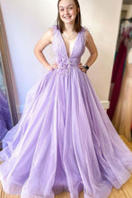 Lilac Tulle Long Prom Dresses, Long V-neck Formal Evening Dress ZXS270