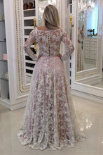 Long Sleeves Pink Lace Long Prom Dress, Pink Lace Formal Evening Dress GJS380