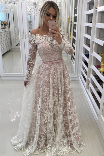Long Sleeves Pink Lace Long Prom Dress, Pink Lace Formal Evening Dress GJS380