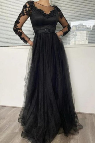 Long Sleeves Round Neck Black Lace Long Prom  Lace Formal  Evening Dress GJS376