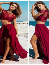 Long Burgundy Two Pieces Prom Dress,Sexy Slit Unique Lace Charming Prom Gowns