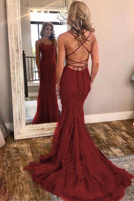 Burgundy Spaghetti Strap Mermaid Stunning Prom Dresses with Lace Appli – Anna PromDress