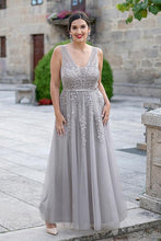 Light Gray Long V-neck Floor Length  Dresses With Appliques Prom Gowns  GJS305