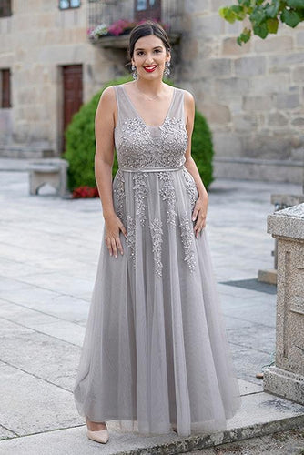 Light Gray Long V-neck Floor Length  Dresses With Appliques Prom Gowns  GJS305