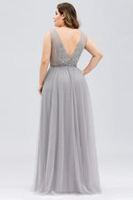 Light Gray Long V-neck Floor Length  Dresses With Appliques Prom Gowns  GJS305