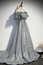 Pretty Silver Off The Shoulder Long A-line Prom Dresses GJS300