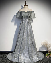 Pretty Silver Off The Shoulder Long A-line Prom Dresses GJS300