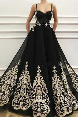 Charming Spaghetti Straps Long Black Evening Prom Dresses GJS299