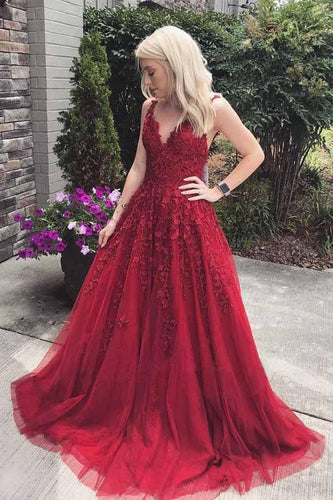 Pretty Burgundy V-neck Long Tulle Prom Dresses With Appliques GJS298