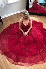 Pretty Burgundy V-neck Long Tulle Prom Dresses With Appliques GJS298