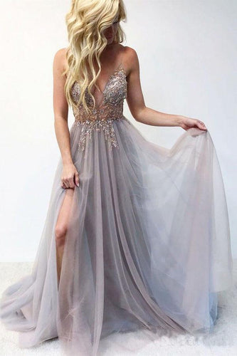 Beautiful Spaghetti Straps Long Beading V-neck Prom Dresses GJS297