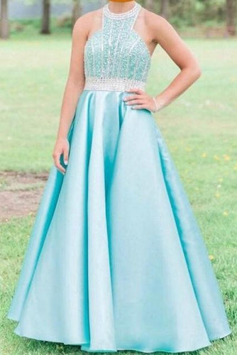 Pretty Halter Beading Backless Long Satin Floor Length Prom Dresses GJS287