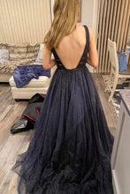 Backless Deep V-neck Glitter Long A-line Zipper Back Prom Dresses  GJS281