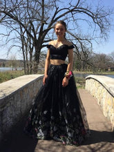 Unique 2 Pieces Black Off The Shoulder Long Prom Dresses Princess Dress GJS250