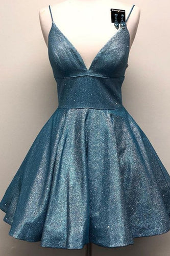 Spaghetti Straps V Neck Mini Prom Homecoming Dress Aqua Silver Cocktail Dress ANN6308