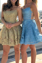 Spaghetti Straps Lace Mini Prom Homecoming Dress Gold / Blue Cocktail Party Dress ANN6307