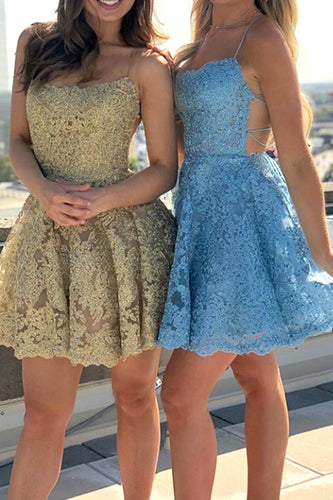 Spaghetti Straps Lace Mini Prom Homecoming Dress Gold / Blue Cocktail Party Dress ANN6307