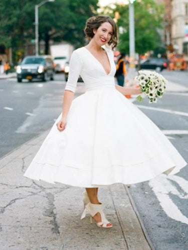 modest wedding dresses A-line V-neck Ankle-length Taffeta Wedding Dress 2022 MK008