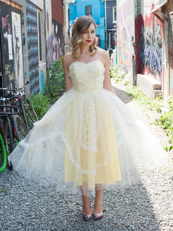 navy blue dress for baby girl Scoop Neck Tea-Length A-Line/Princess Tulle Wedding Dresses With Appliqued  Flowers Appliqued - Wedding Dresses main image 1