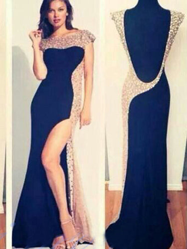 prom dresses long Sheath/Column Bateau Floor-length Chiffon Prom Dress/Evening Dress #MK042