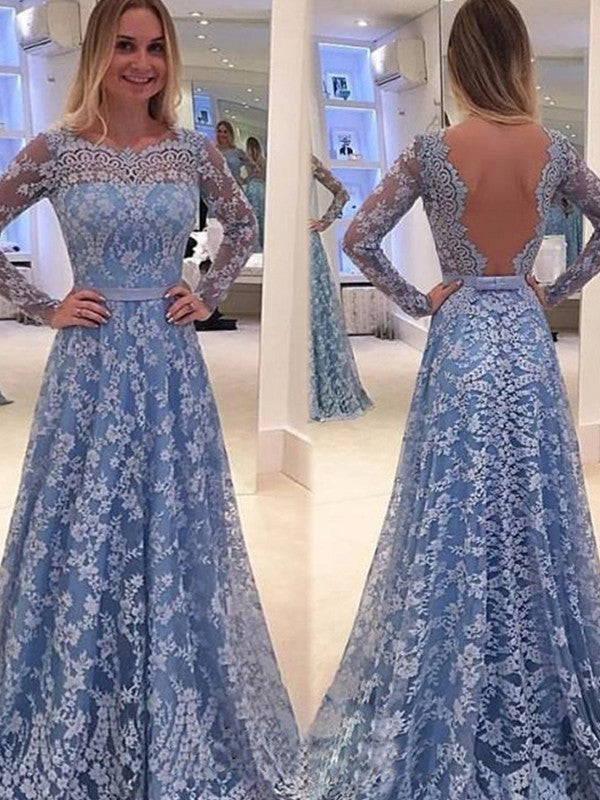 A-line prom dress Lace Long Sleeve Flower Collar 2022 Long Prom Dress Evening Dress MK0501
