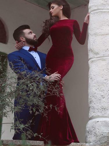 Red prom dress Mermaid Simple Long Sleeve Long Prom Dress Evening Dress MK0503