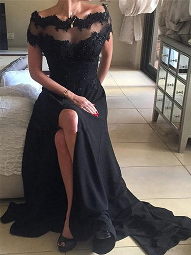 Black prom dress ?Lace Off-the-shoulder Scoop 2022 Long Prom Dress Evening Dress MK0506