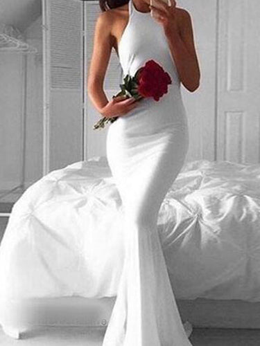 Mermaid prom dress White Simple Backless Long Prom Dress Evening Dress MK0508